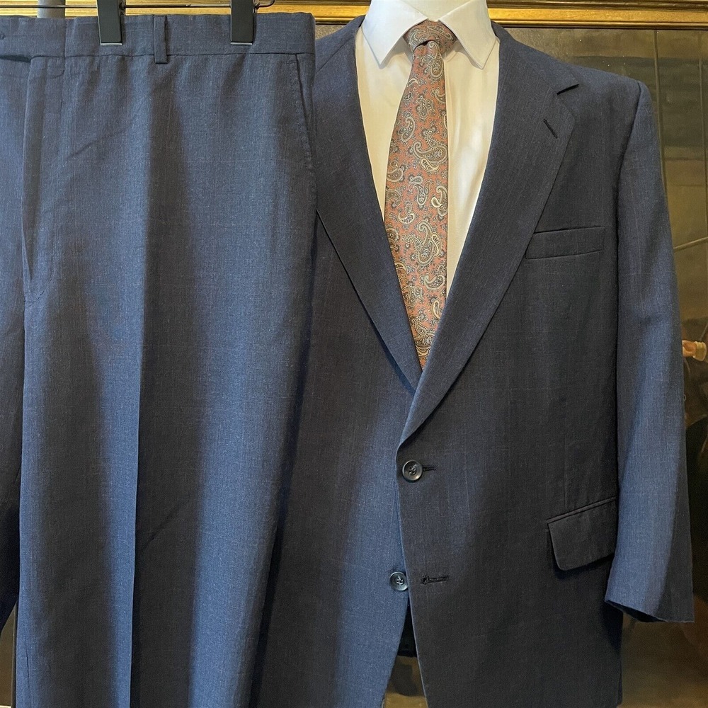 VTG Halston 48R 42 x 25 USA MADE‎ 2pc Smoke Gray Windowpane 100% Wool 2Btn Suit